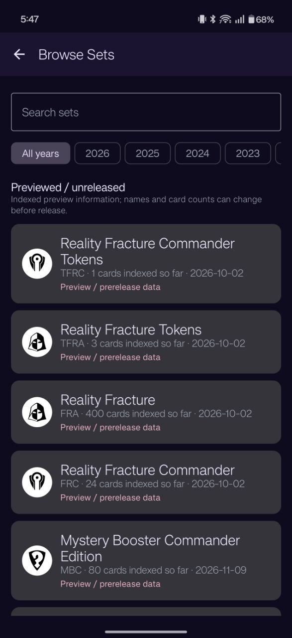 Browsing upcoming sets